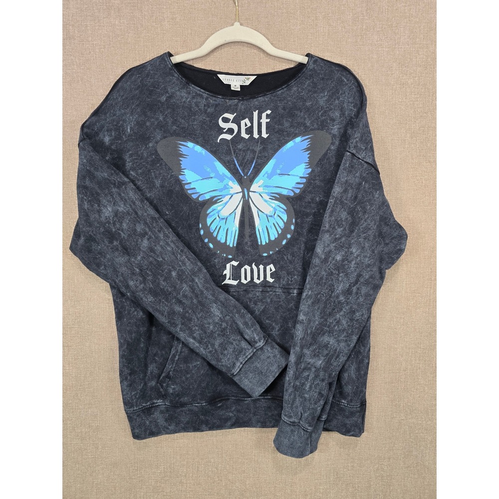 Orange Kiss Womens Acid Wash Butterfly Sweatshirt Grey Blue Cotton Size M